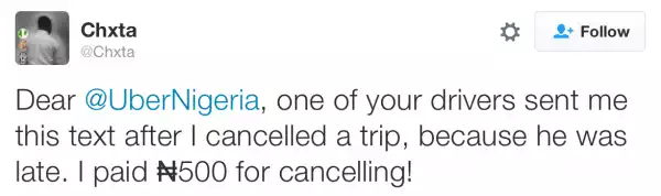 See ridiculous text message Uber Nigeria driver sent guy because he cancelled trip